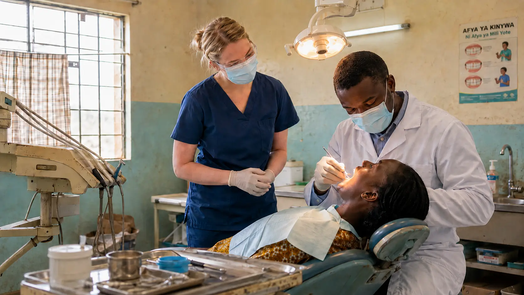 Dental elective participant observing supervised patient care with a local dental professional in Arusha, Tanzania