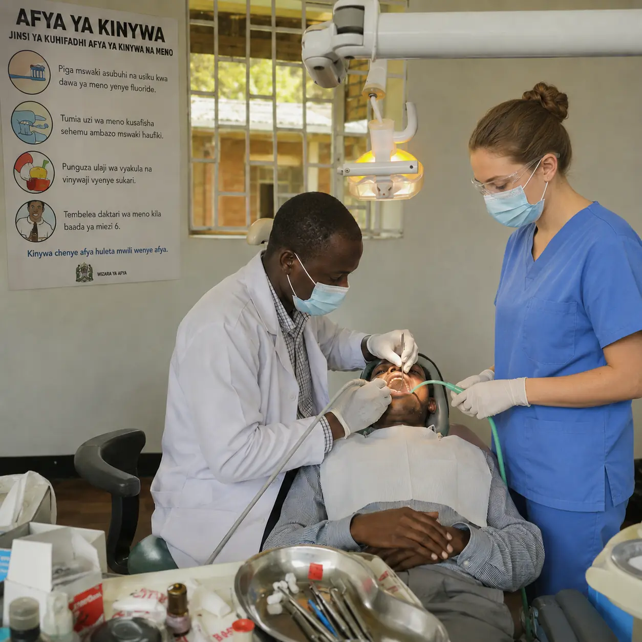Dental elective participant supporting supervised patient care alongside a local dental professional in Arusha, Tanzania