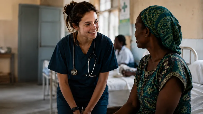 Nursing student talking with a patient on a hospital ward in Arusha, Tanzania